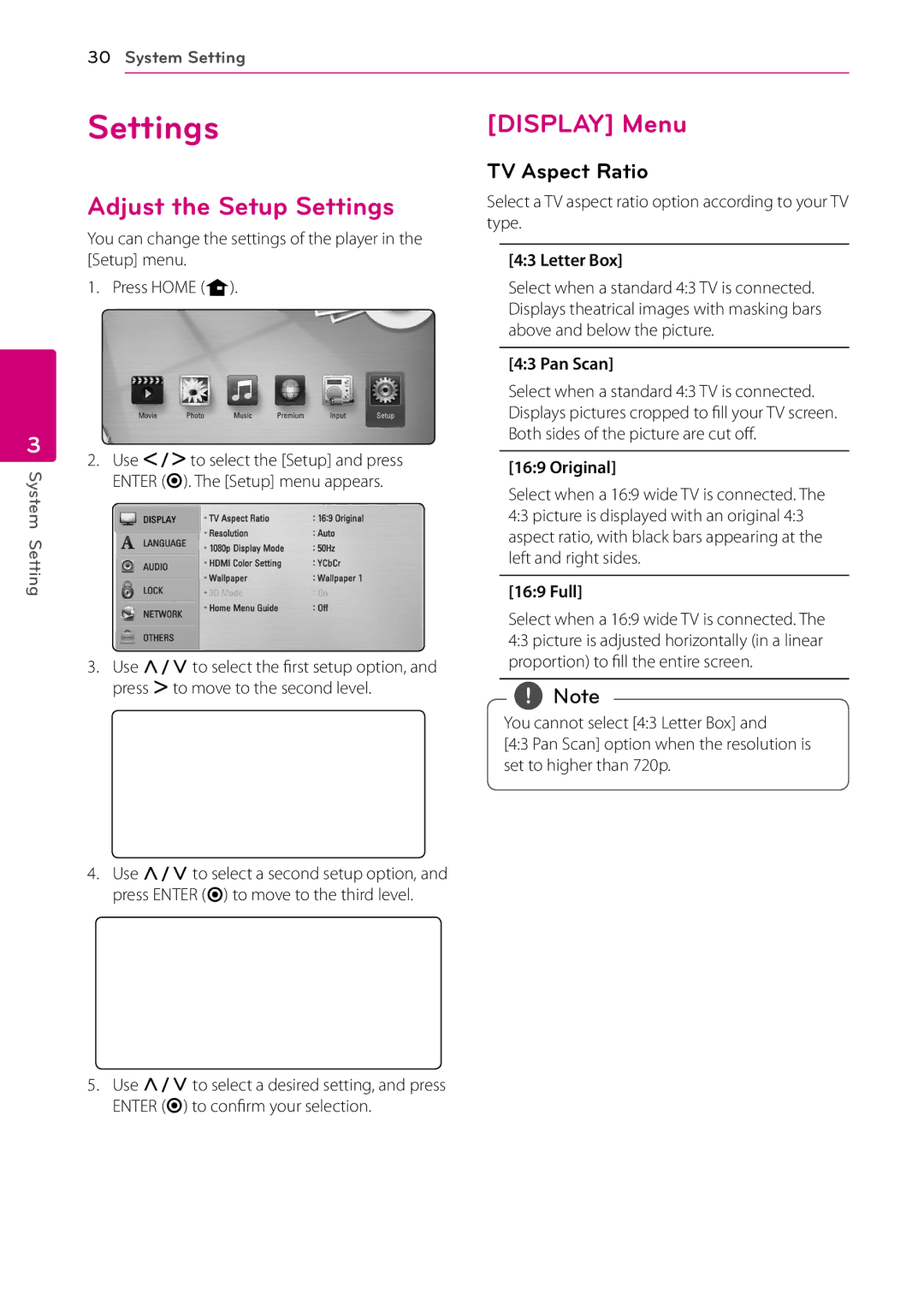 LG Electronics HB906TA, SH96TA-S, SH96SB-C, SH96TA-W owner manual Adjust the Setup Settings, Display Menu, TV Aspect Ratio 