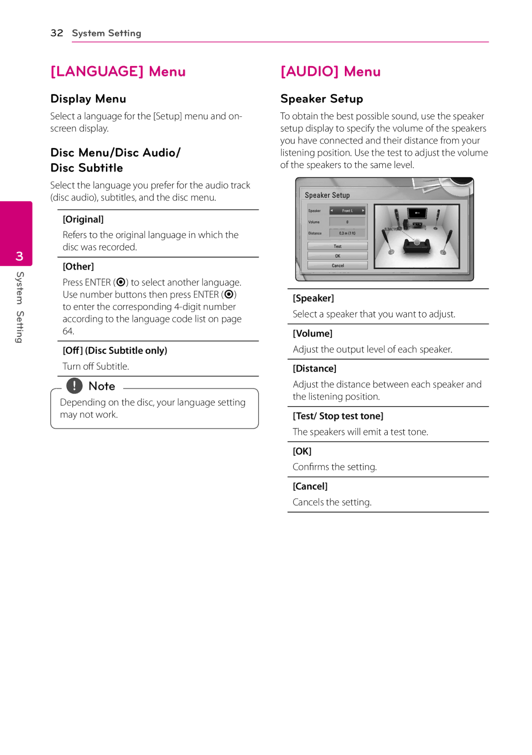 LG Electronics SH96TA-S Language Menu, Audio Menu, Display Menu, Disc Menu/Disc Audio Disc Subtitle, Speaker Setup 