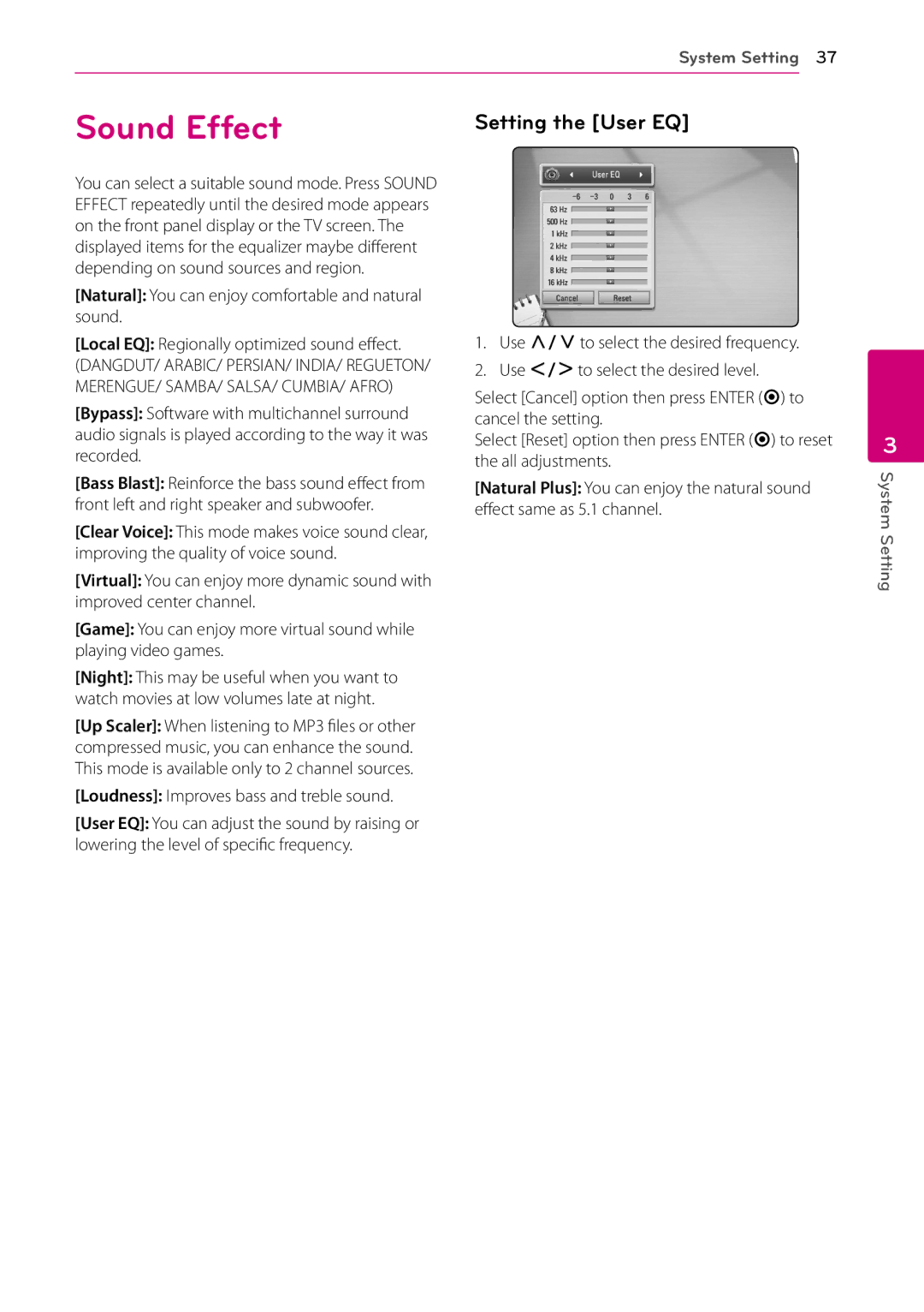 LG Electronics SH96SB-C, SH96TA-S, HB906TA Sound Effect, Setting the User EQ, Loudness Improves bass and treble sound 