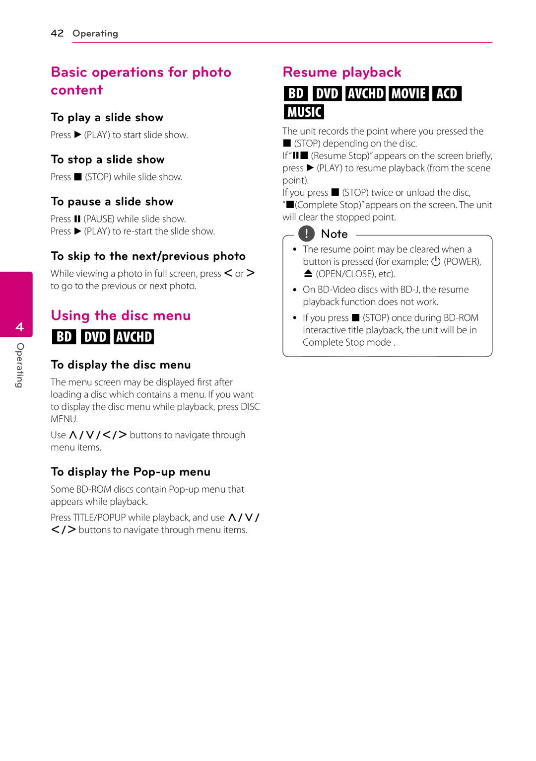 LG Electronics HB906TA, SH96TA-S, SH96SB-C Basic operations for photo content, Using the disc menu, Resume playback 