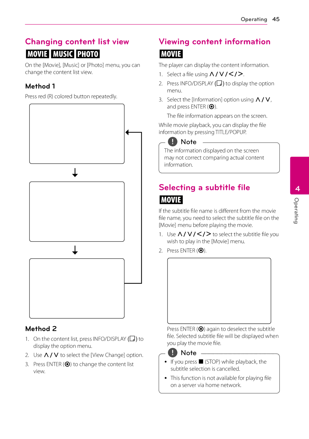 LG Electronics SH96SB-C Changing content list view, Viewing content information, Selecting a subtitle file, Method 