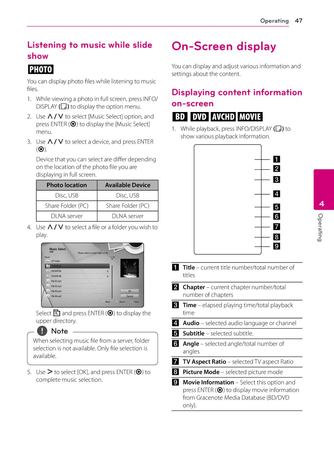 LG Electronics SH96TA-W On-Screen display, Listening to music while slide show, Displaying content information on-screen 