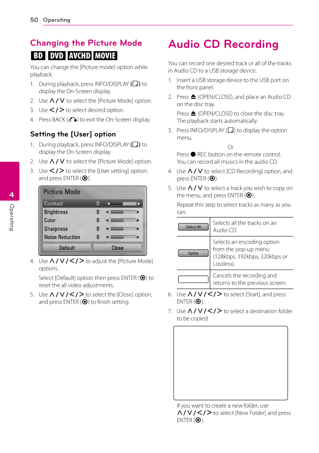 LG Electronics HB906TA, SH96TA-S, SH96SB-C, SH96TA-W Audio CD Recording, Changing the Picture Mode, Setting the User option 