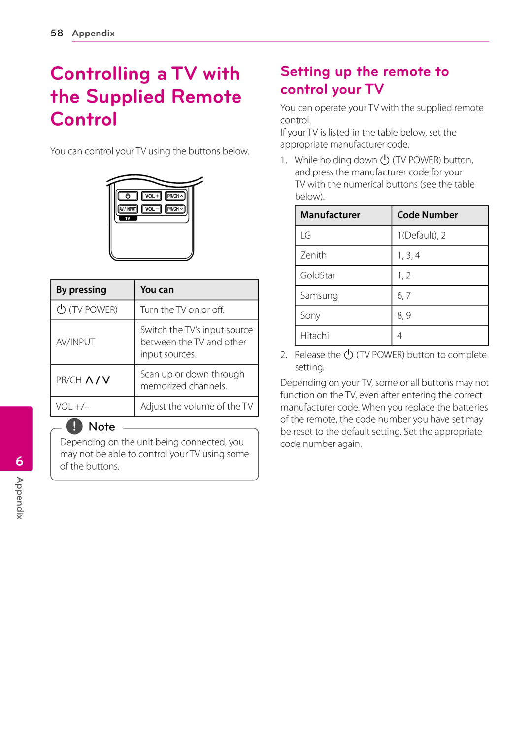 LG Electronics HB906TA Controlling a TV with the Supplied Remote Control, Setting up the remote to control your TV 