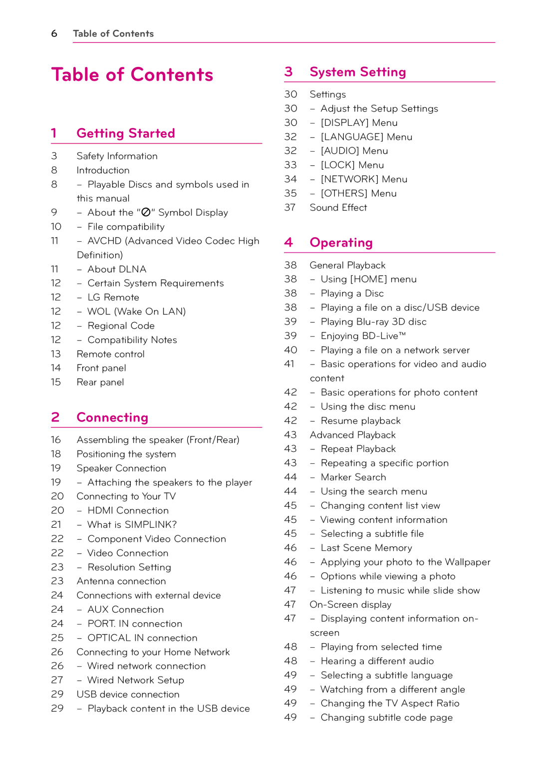 LG Electronics HB906TA, SH96TA-S, SH96SB-C, SH96TA-W owner manual Table of Contents 