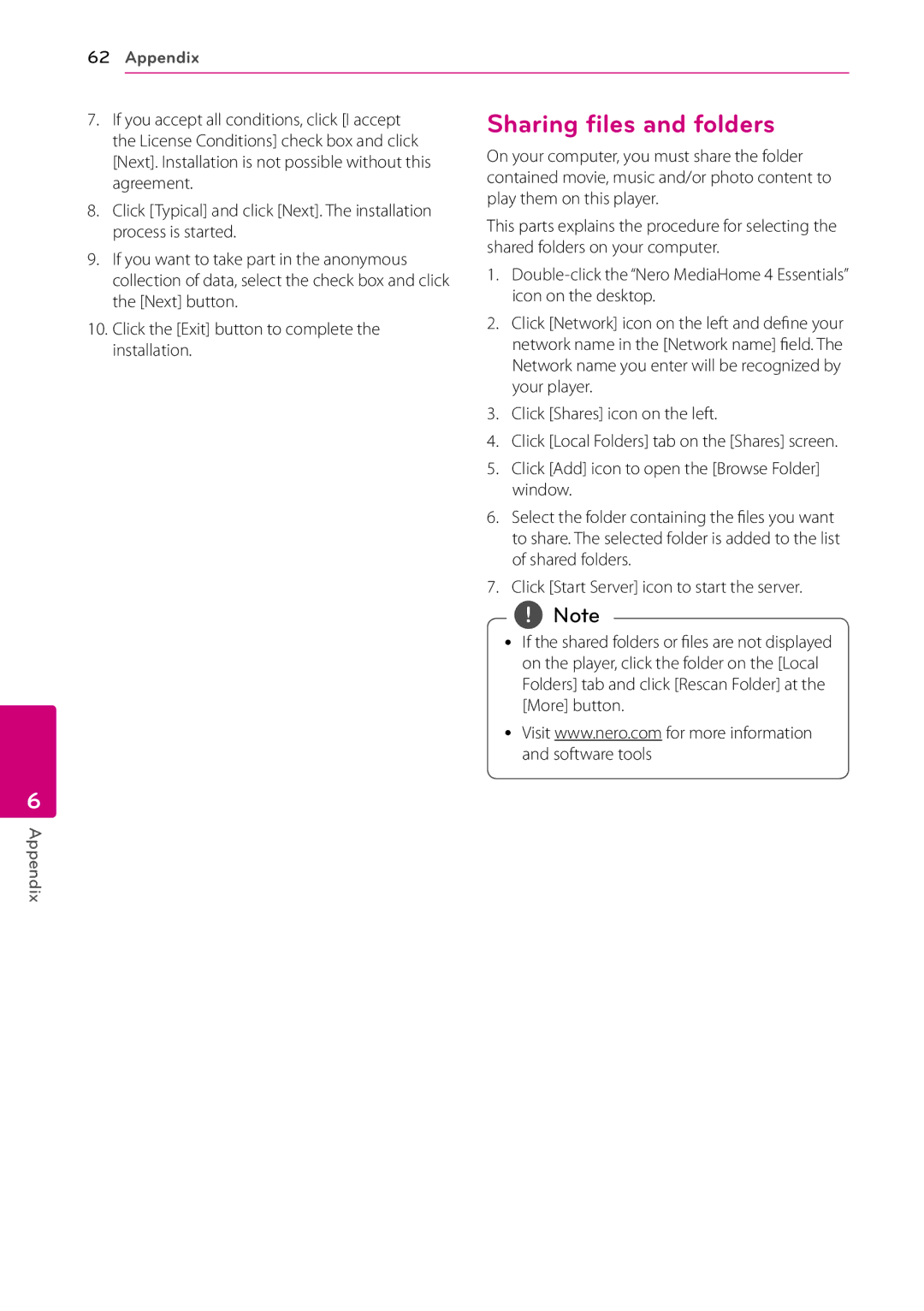 LG Electronics HB906TA, SH96TA-S, SH96SB-C, SH96TA-W owner manual Sharing files and folders 