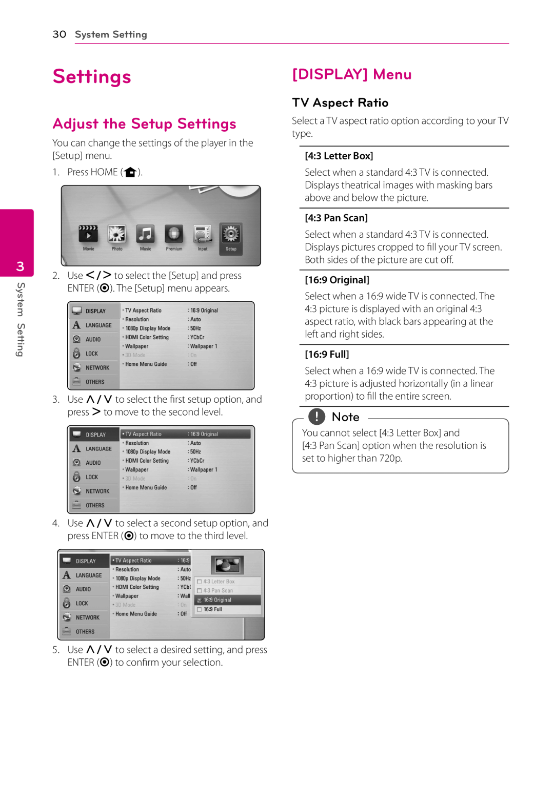 LG Electronics HB906TA Adjust the Setup Settings, DISPLAY Menu, TV Aspect Ratio, 30System Setting, 4 3 Letter Box 