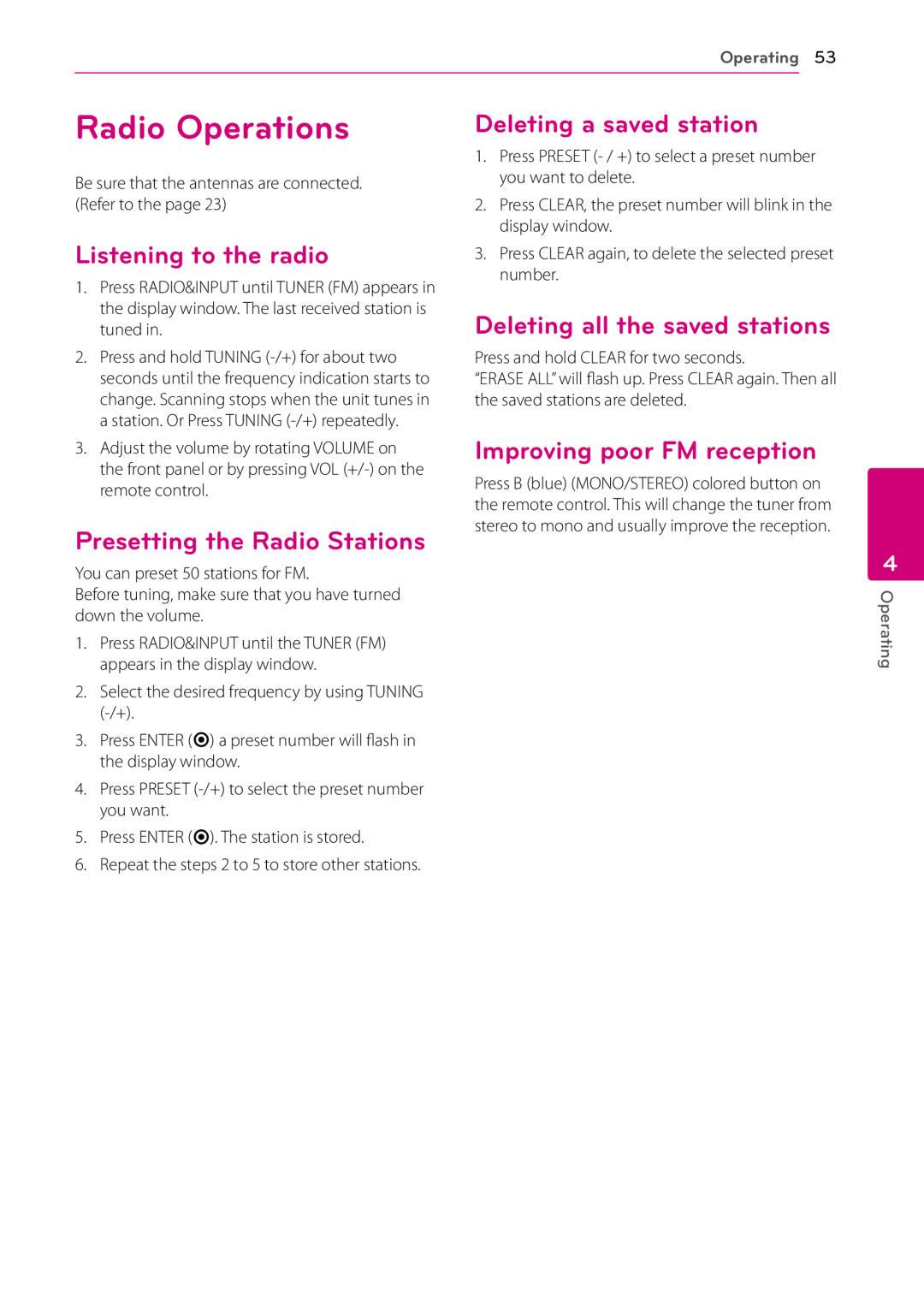 LG Electronics SH96SB-C Radio Operations, Listening to the radio, Presetting the Radio Stations, Deleting a saved station 