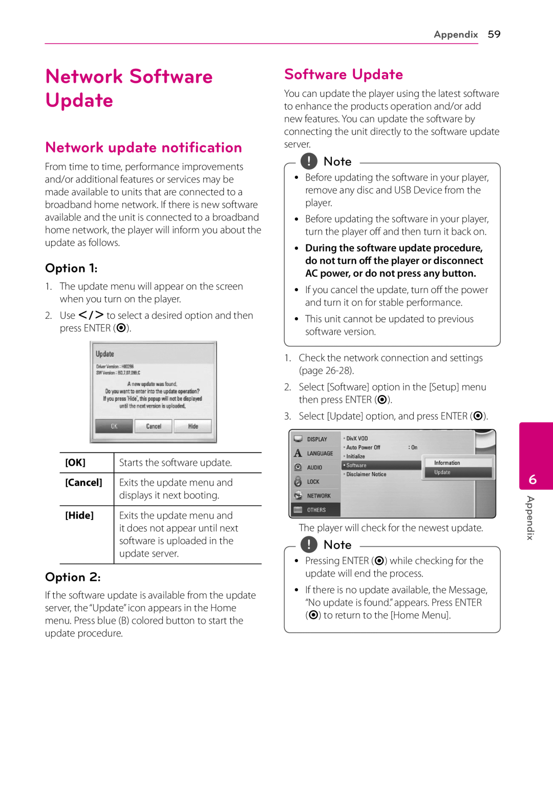 LG Electronics SH96TA-W, SH96TA-S Network Software Update, Network update notification, Option, Appendix, Hide, Cancel 