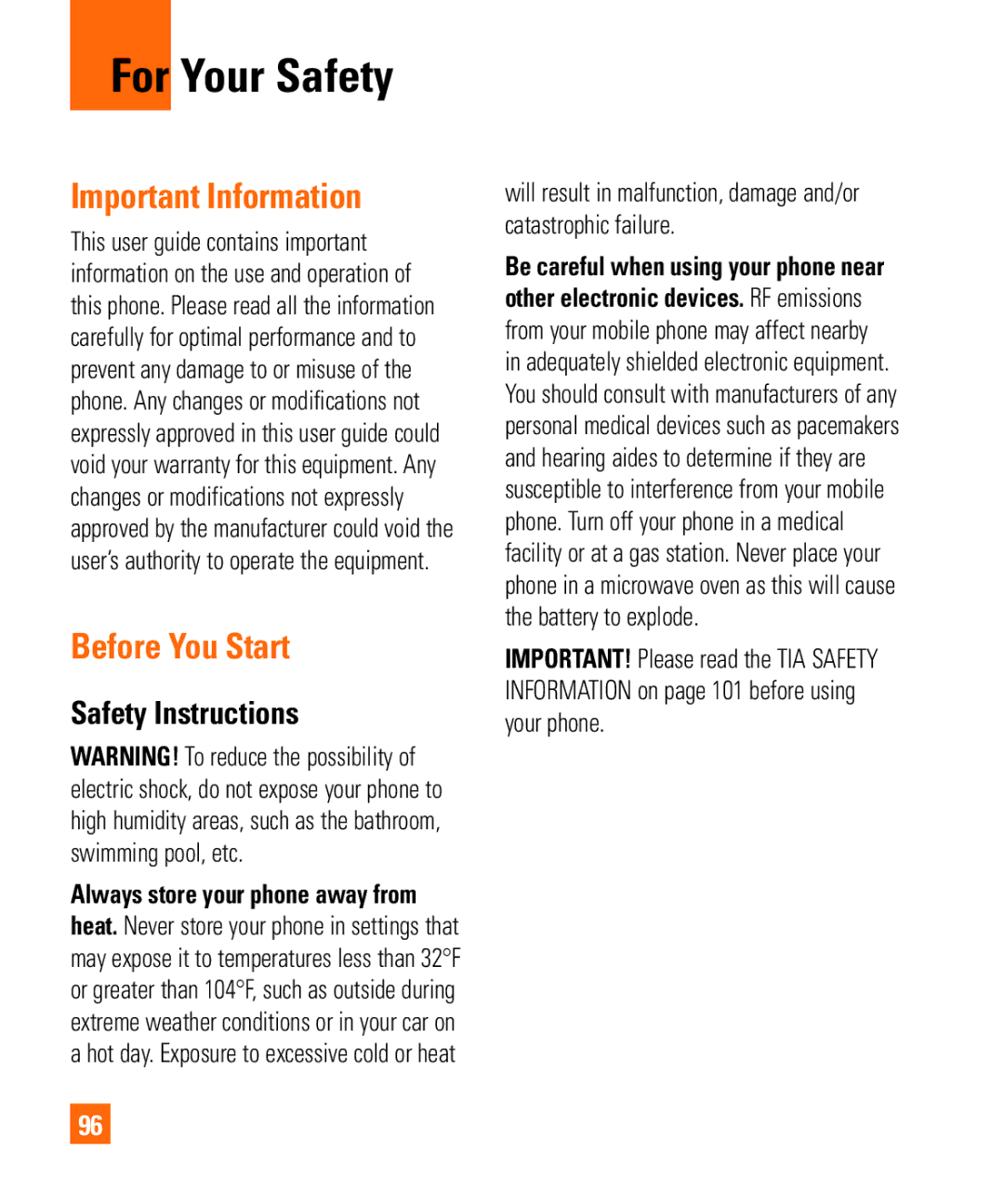 LG Electronics Shine II manual For Your Safety, Important Information, Before You Start, Safety Instructions 