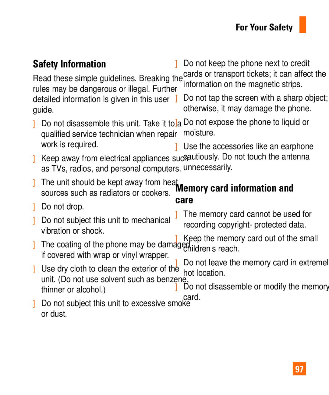 LG Electronics Shine II manual Safety Information, Memory card information and care, Do not drop 