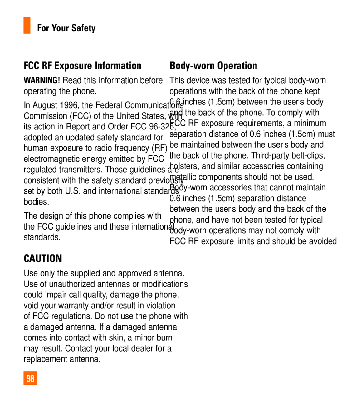 LG Electronics Shine II manual FCC RF Exposure Information, Body-worn Operation 