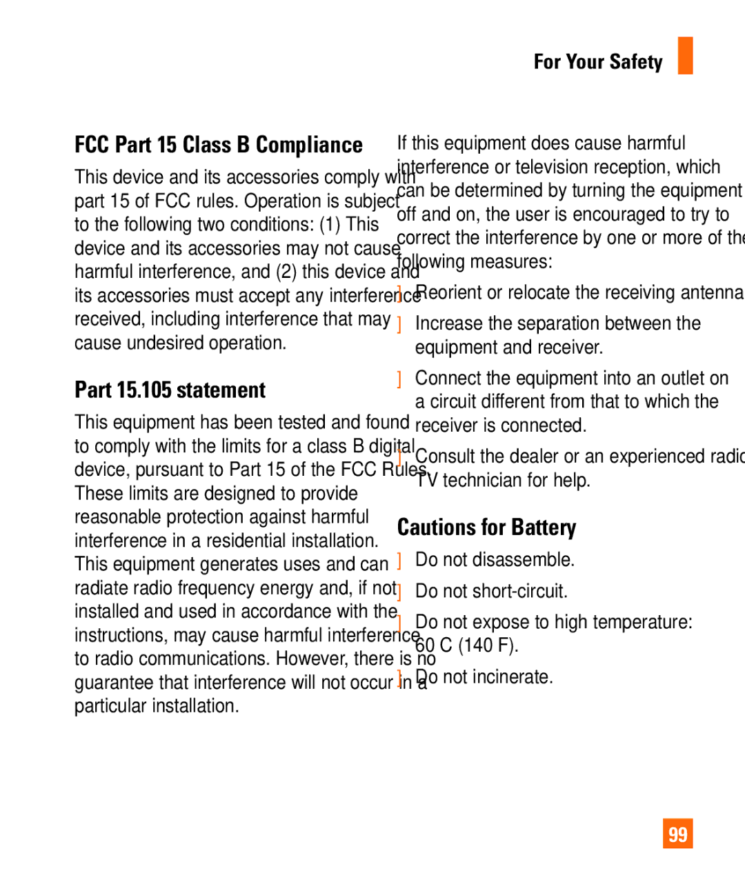 LG Electronics Shine II manual Part 15.105 statement, FCC Part 15 Class B Compliance, Do not incinerate 