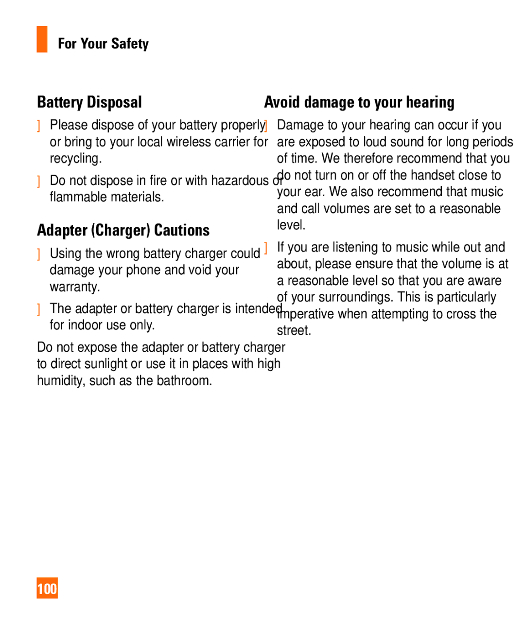 LG Electronics Shine II manual Battery Disposal, Adapter Charger Cautions, Avoid damage to your hearing, 100 