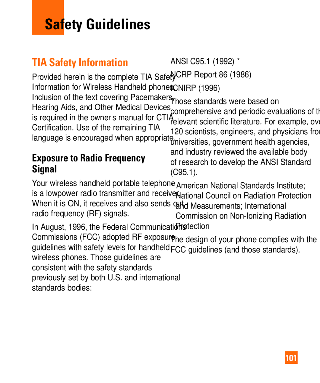 LG Electronics Shine II manual Safety Guidelines, TIA Safety Information, Exposure to Radio Frequency Signal, 101 