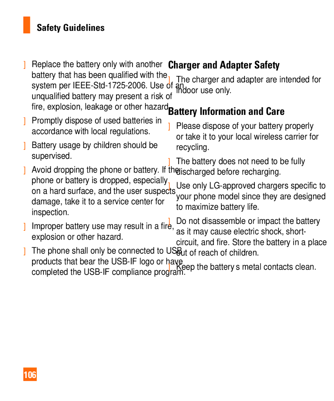 LG Electronics Shine II manual Charger and Adapter Safety, Battery Information and Care, 106 