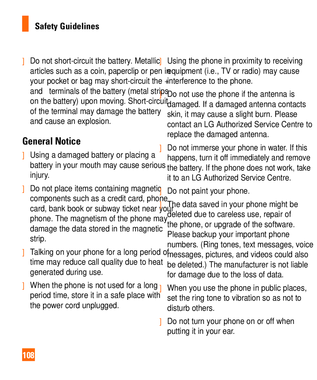 LG Electronics Shine II manual General Notice, 108, Do not paint your phone 