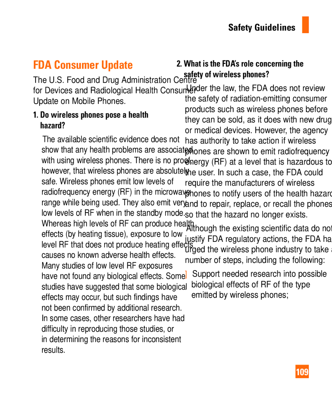 LG Electronics Shine II manual FDA Consumer Update, 109, Do wireless phones pose a health hazard? 