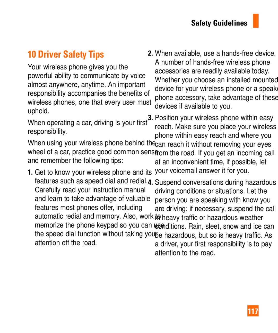 LG Electronics Shine II manual Driver Safety Tips, 117, When operating a car, driving is your first responsibility 