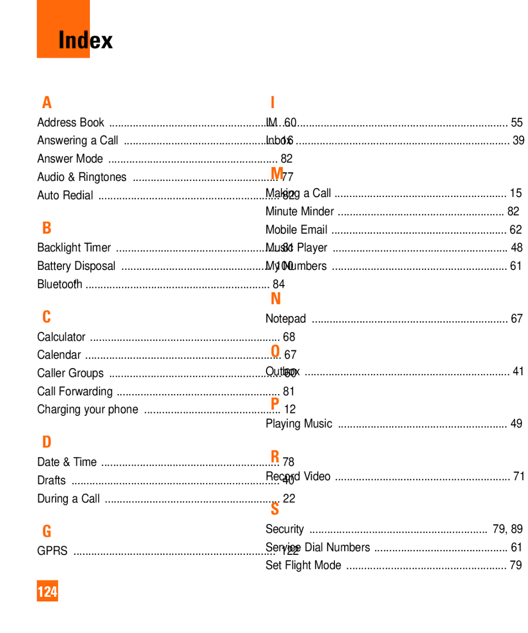 LG Electronics Shine II manual Index, 124 