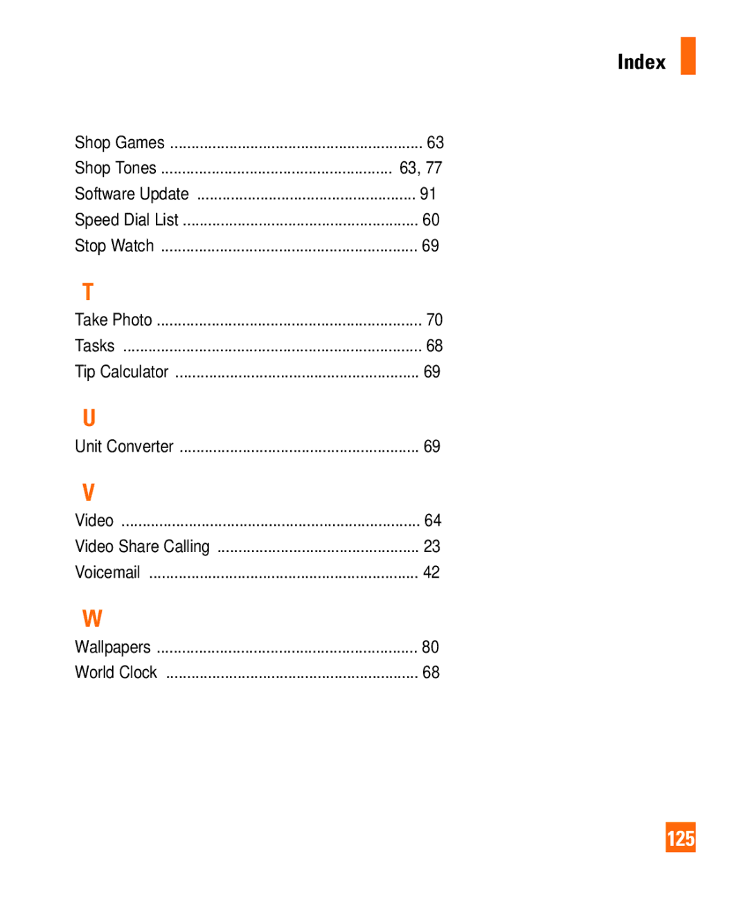 LG Electronics Shine II manual Index, 125 