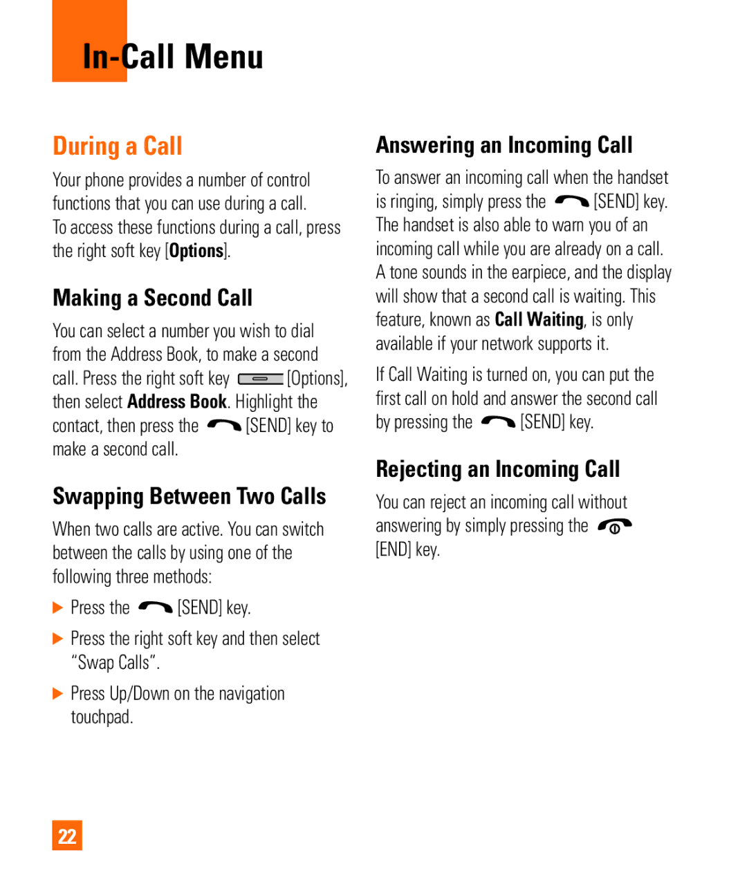 LG Electronics Shine II manual In-Call Menu, During a Call, Making a Second Call, Answering an Incoming Call 