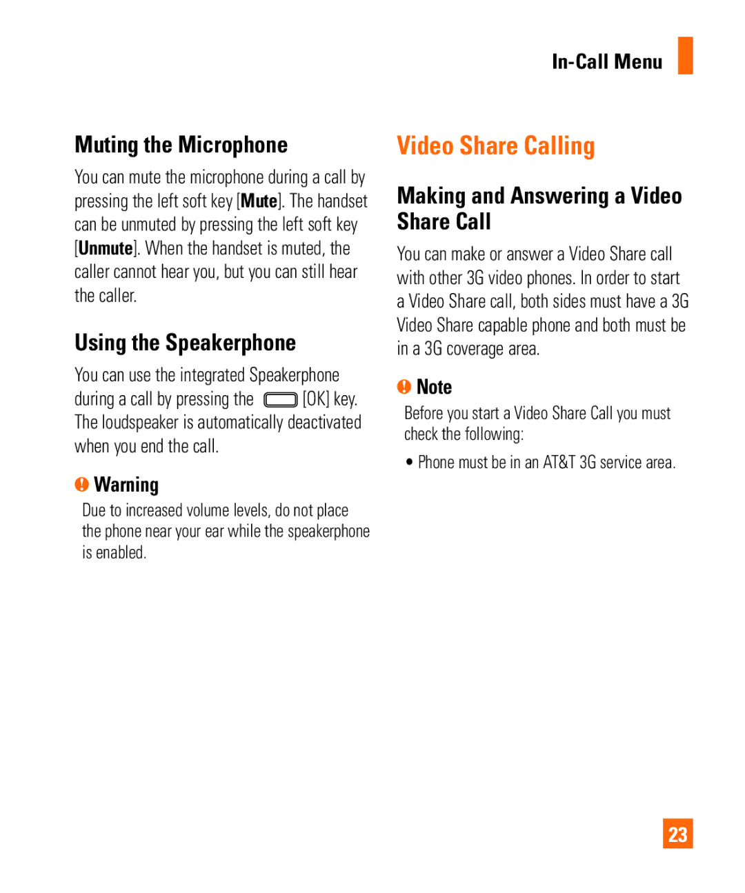 LG Electronics Shine II manual Video Share Calling, Muting the Microphone, Using the Speakerphone, In-Call Menu 