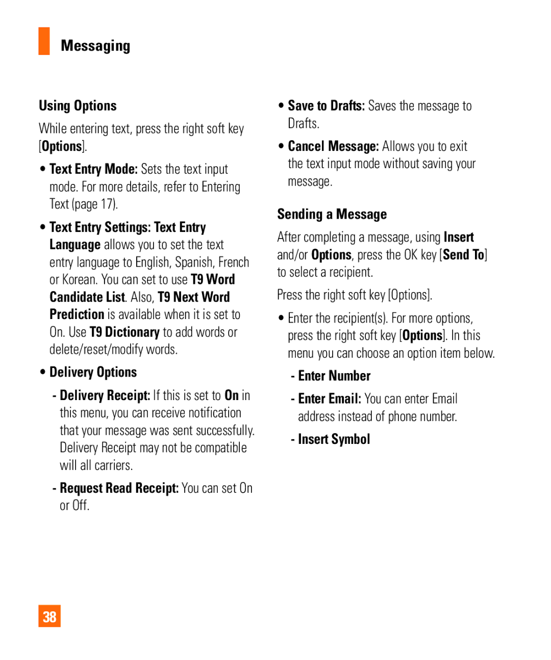 LG Electronics Shine II manual Using Options, Delivery Options, Sending a Message, Enter Number, Insert Symbol 