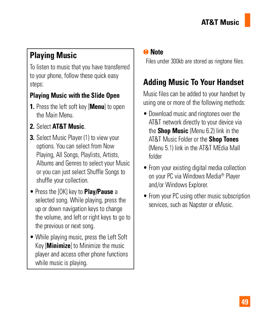 LG Electronics Shine II manual Playing Music, Adding Music To Your Handset, Select AT&T Music 