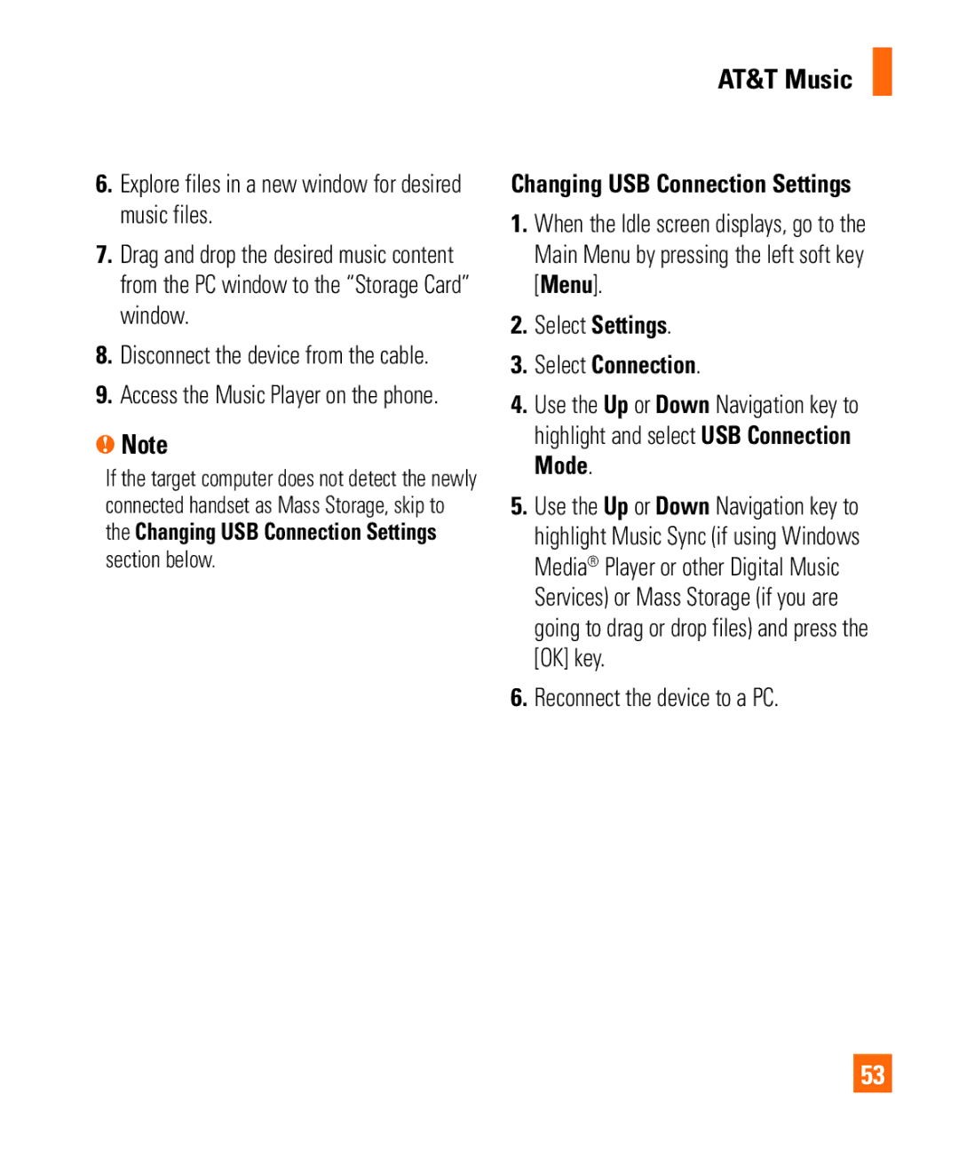 LG Electronics Shine II Changing USB Connection Settings, Select Settings, Select Connection, Reconnect the device to a PC 