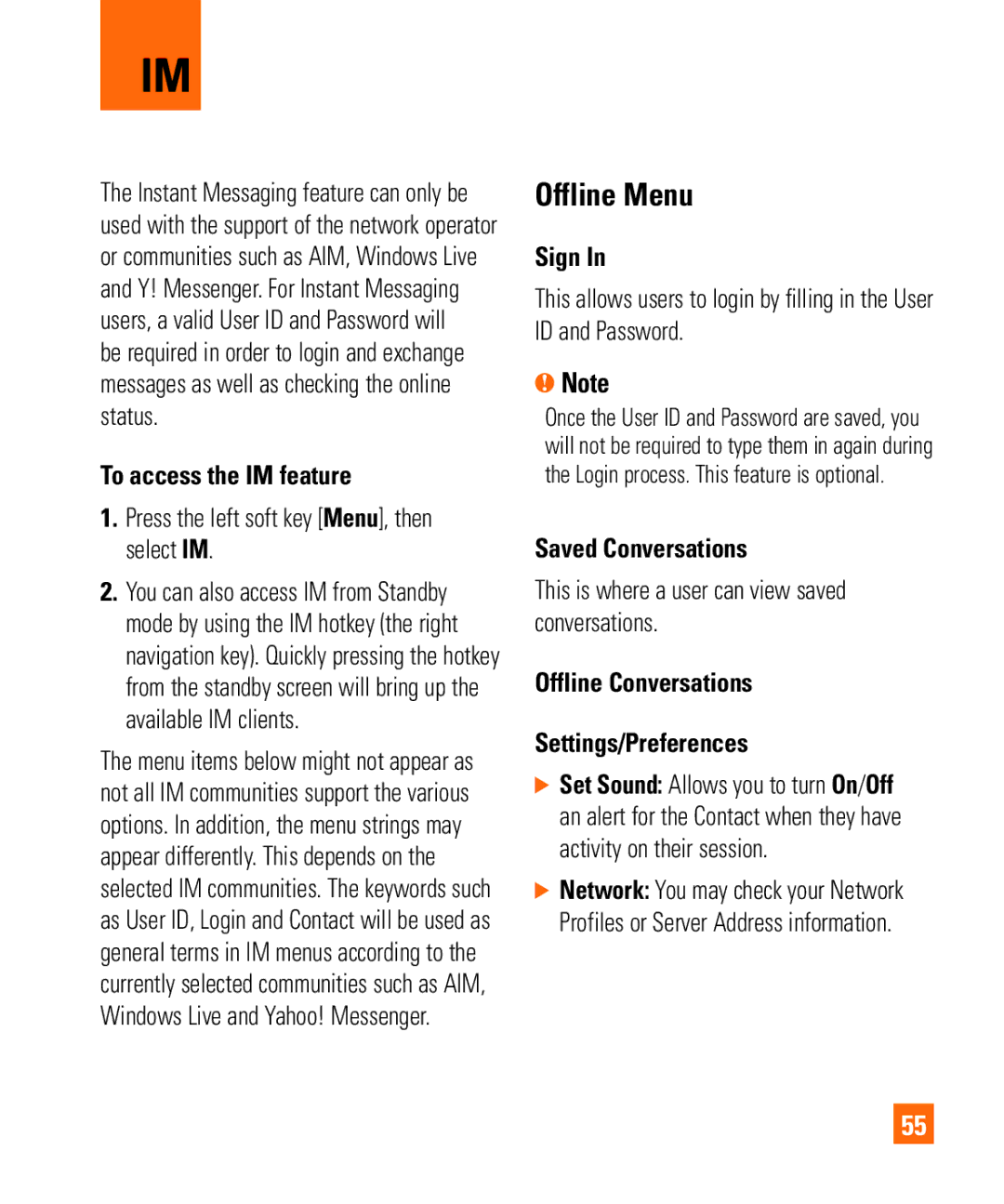 LG Electronics Shine II manual Offline Menu, To access the IM feature, Sign, Saved Conversations 