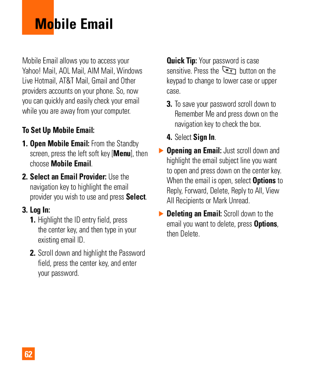 LG Electronics Shine II manual To Set Up Mobile Email, Log, Quick Tip Your password is case, Select Sign 