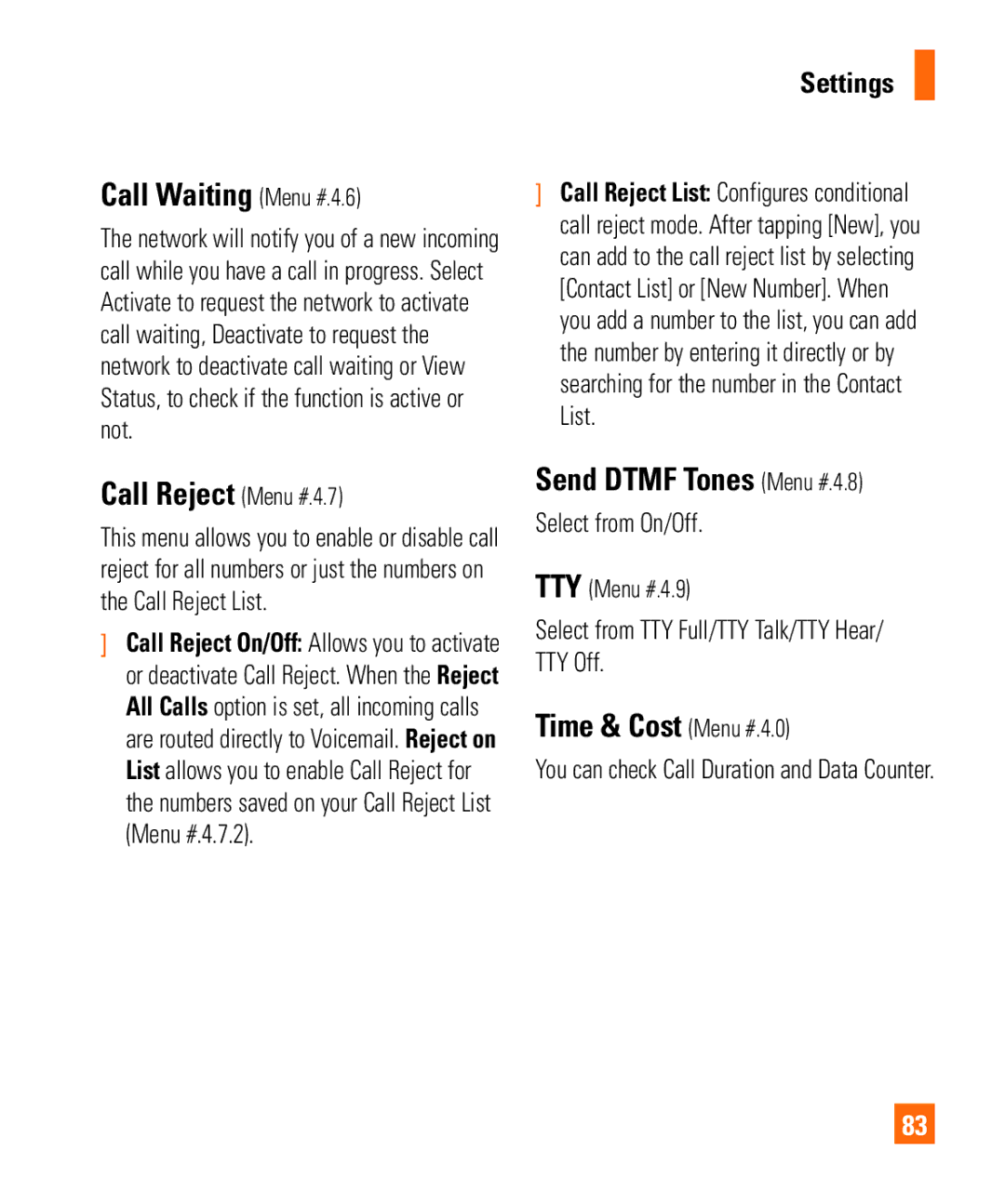 LG Electronics Shine II manual Call Waiting Menu #.4.6, Call Reject Menu #.4.7, Send Dtmf Tones Menu #.4.8 