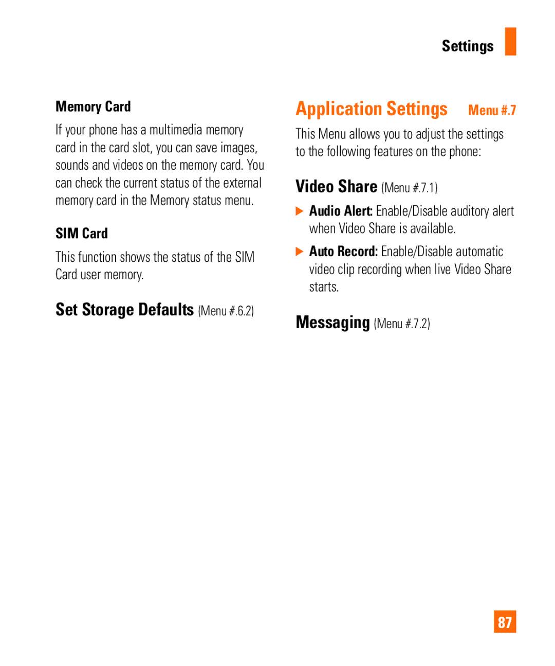 LG Electronics Shine II Application Settings Menu #.7, Video Share Menu #.7.1, Set Storage Defaults Menu #.6.2 Settings 