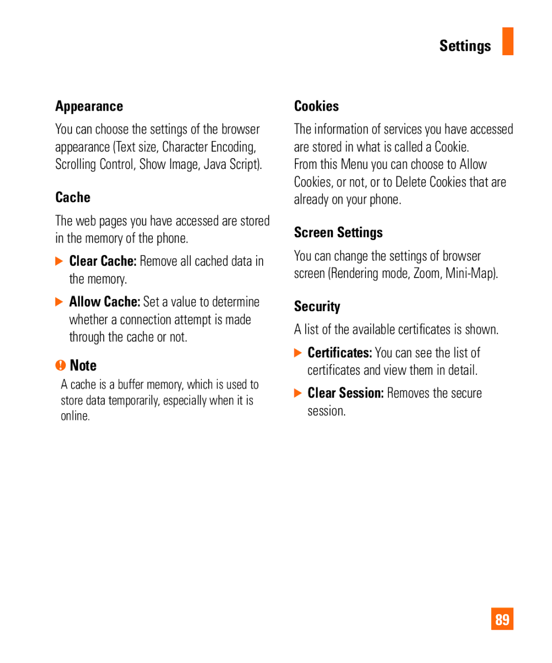 LG Electronics Shine II manual Appearance, Clear Cache Remove all cached data in the memory, Cookies, Screen Settings 