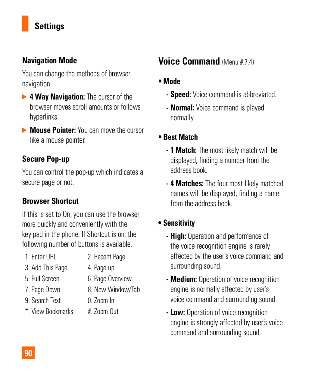 LG Electronics Shine II manual Voice Command Menu #.7.4, Navigation Mode, Secure Pop-up, Browser Shortcut, Sensitivity 