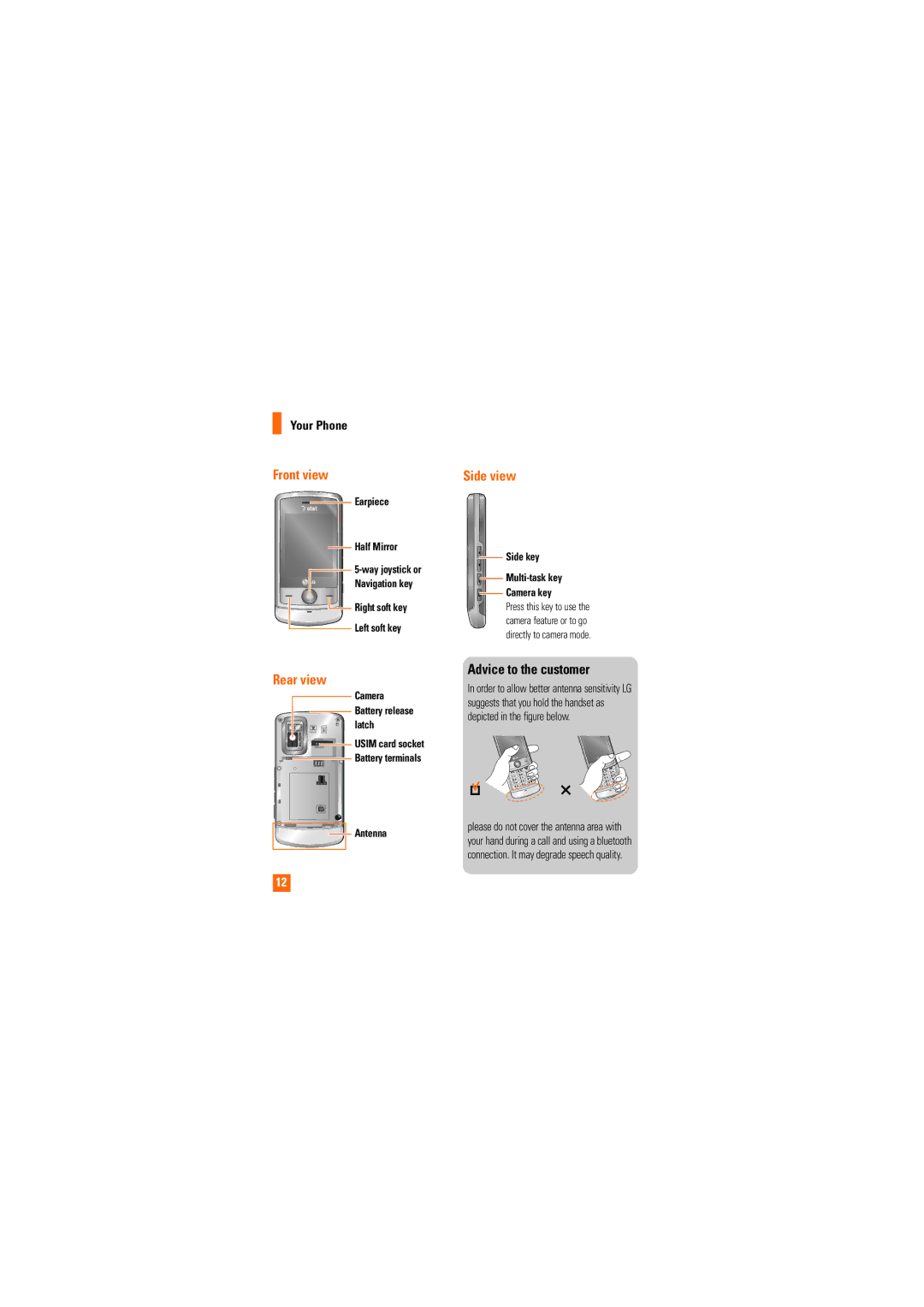 LG Electronics Shine manual Front view Side view, Advice to the customer 