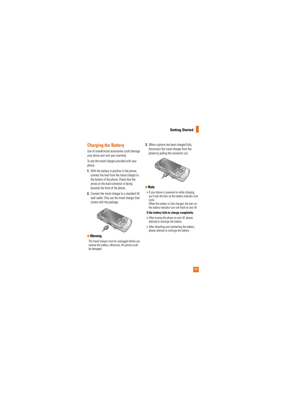 LG Electronics Shine manual Charging the Battery, Getting Started, To use the travel charger provided with your phone 