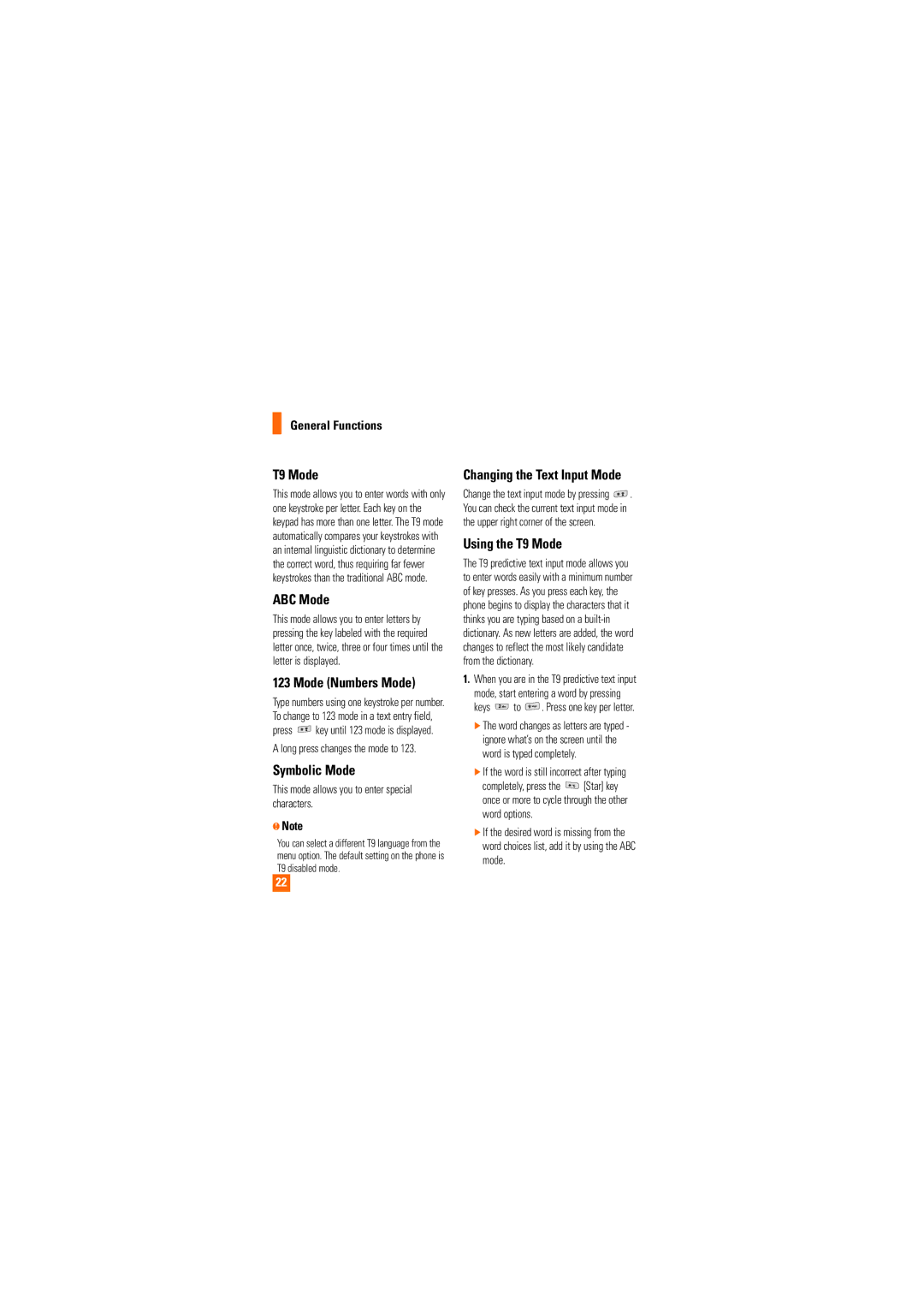 LG Electronics Shine manual ABC Mode, Mode Numbers Mode, Symbolic Mode, Changing the Text Input Mode, Using the T9 Mode 