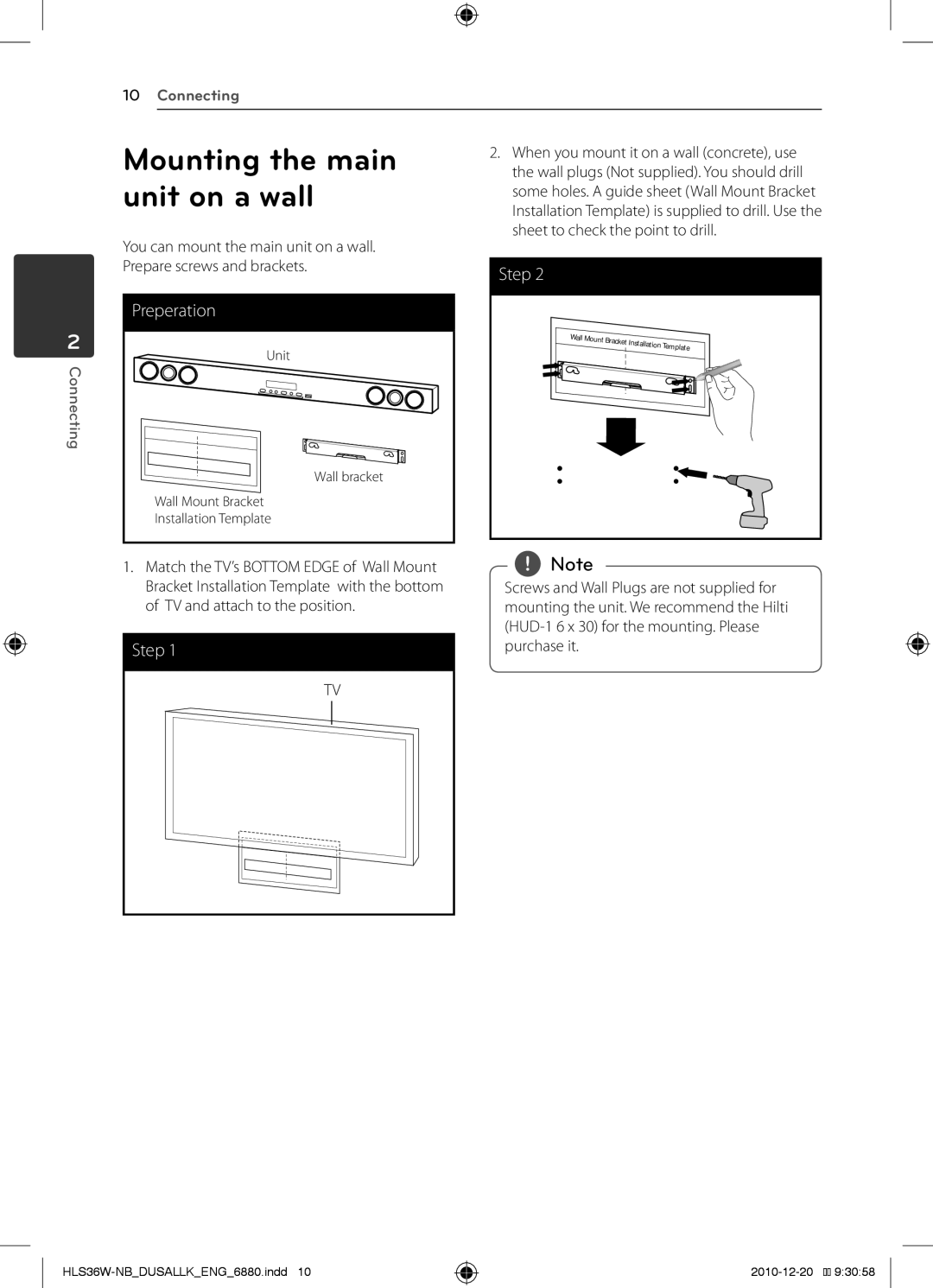 LG Electronics SHS36-D, LSB316 owner manual Mounting the main, Unit on a wall, Sheet to check the point to drill 