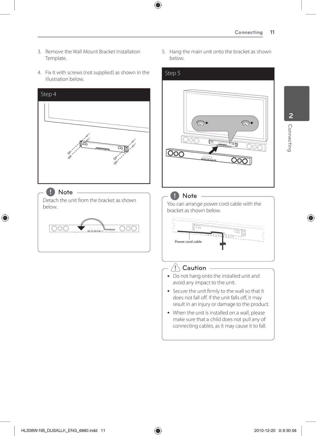 LG Electronics LSB316, SHS36-D owner manual Power cord cable 