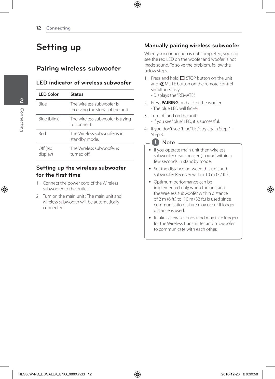 LG Electronics SHS36-D, LSB316 owner manual Setting up, Pairing wireless subwoofer, LED indicator of wireless subwoofer 