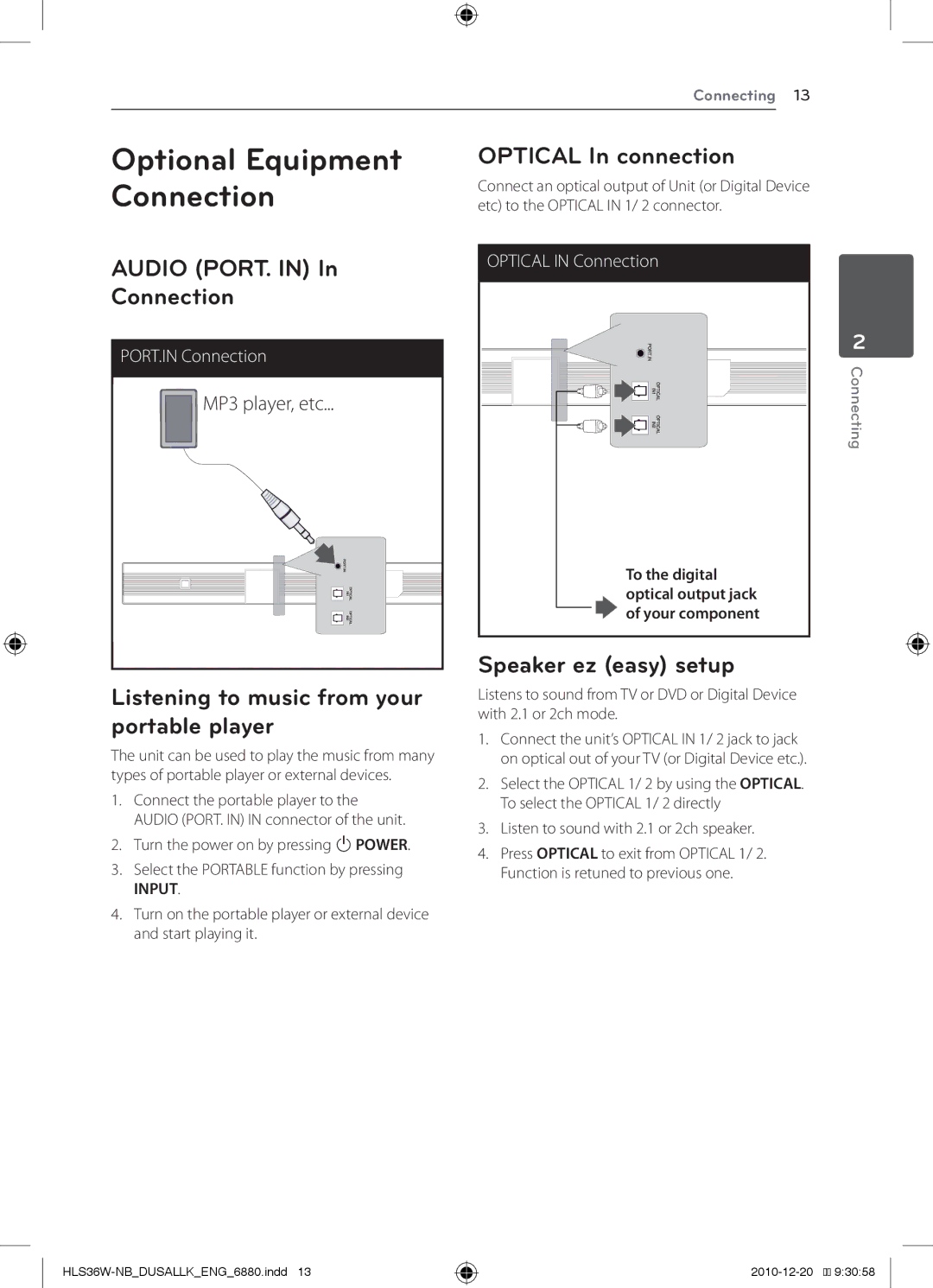 LG Electronics LSB316, SHS36-D Audio PORT. Connection, Listening to music from your portable player, Optical In connection 