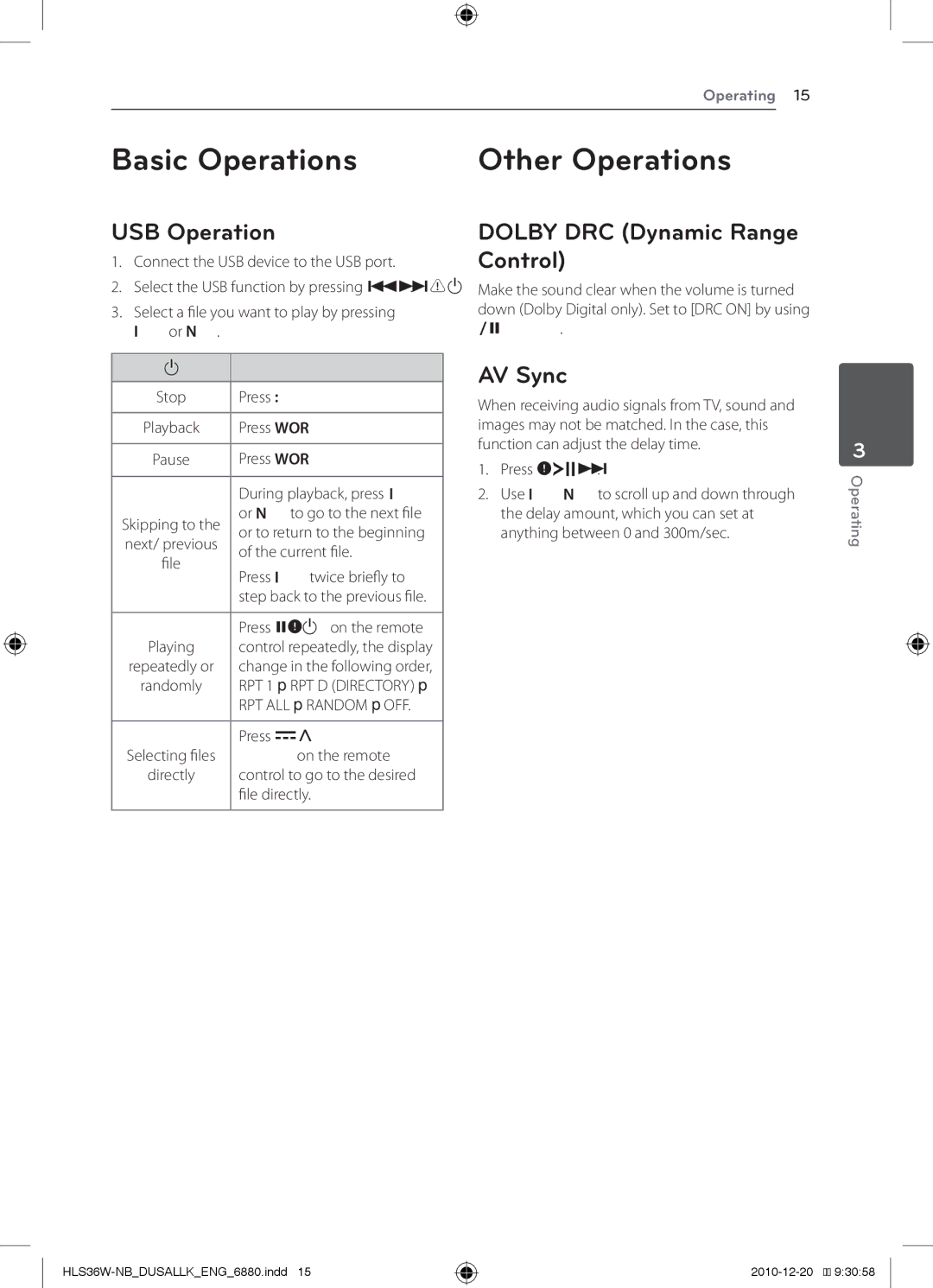 LG Electronics LSB316, SHS36-D owner manual Basic Operations, USB Operation, Dolby DRC Dynamic Range Control, AV Sync 