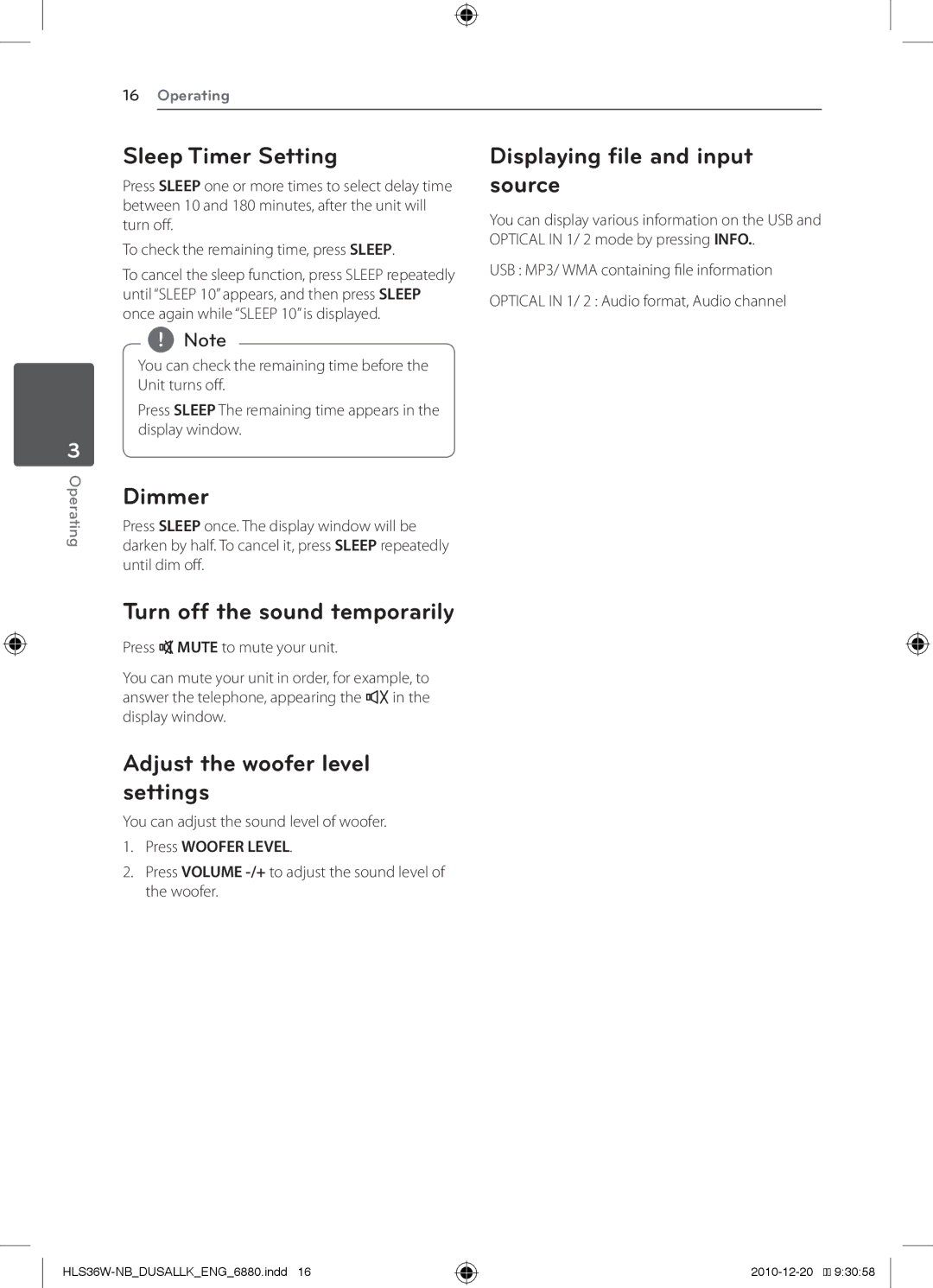 LG Electronics SHS36-D Sleep Timer Setting, Displaying file and input source, Dimmer, Turn off the sound temporarily 