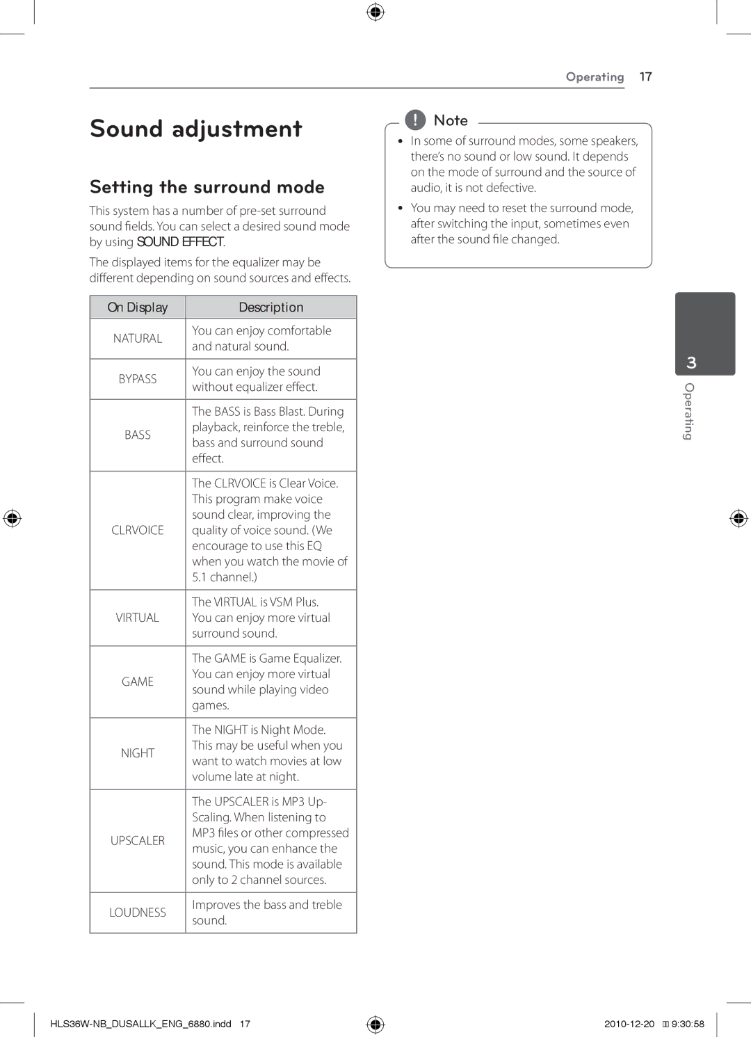 LG Electronics LSB316, SHS36-D owner manual Sound adjustment, Setting the surround mode, On Display Description 