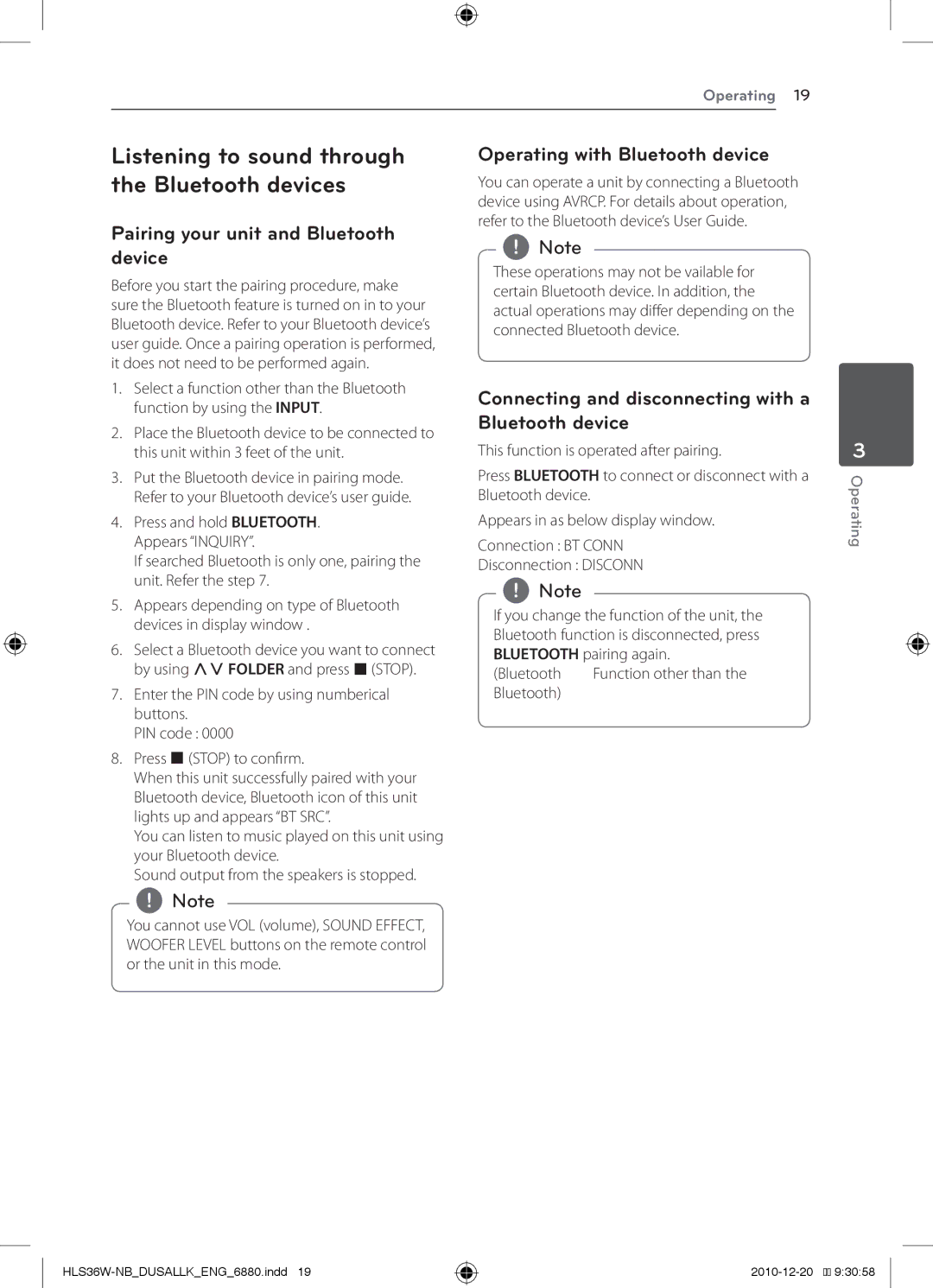 LG Electronics LSB316, SHS36-D Operating with Bluetooth device, Connecting and disconnecting with a Bluetooth device 