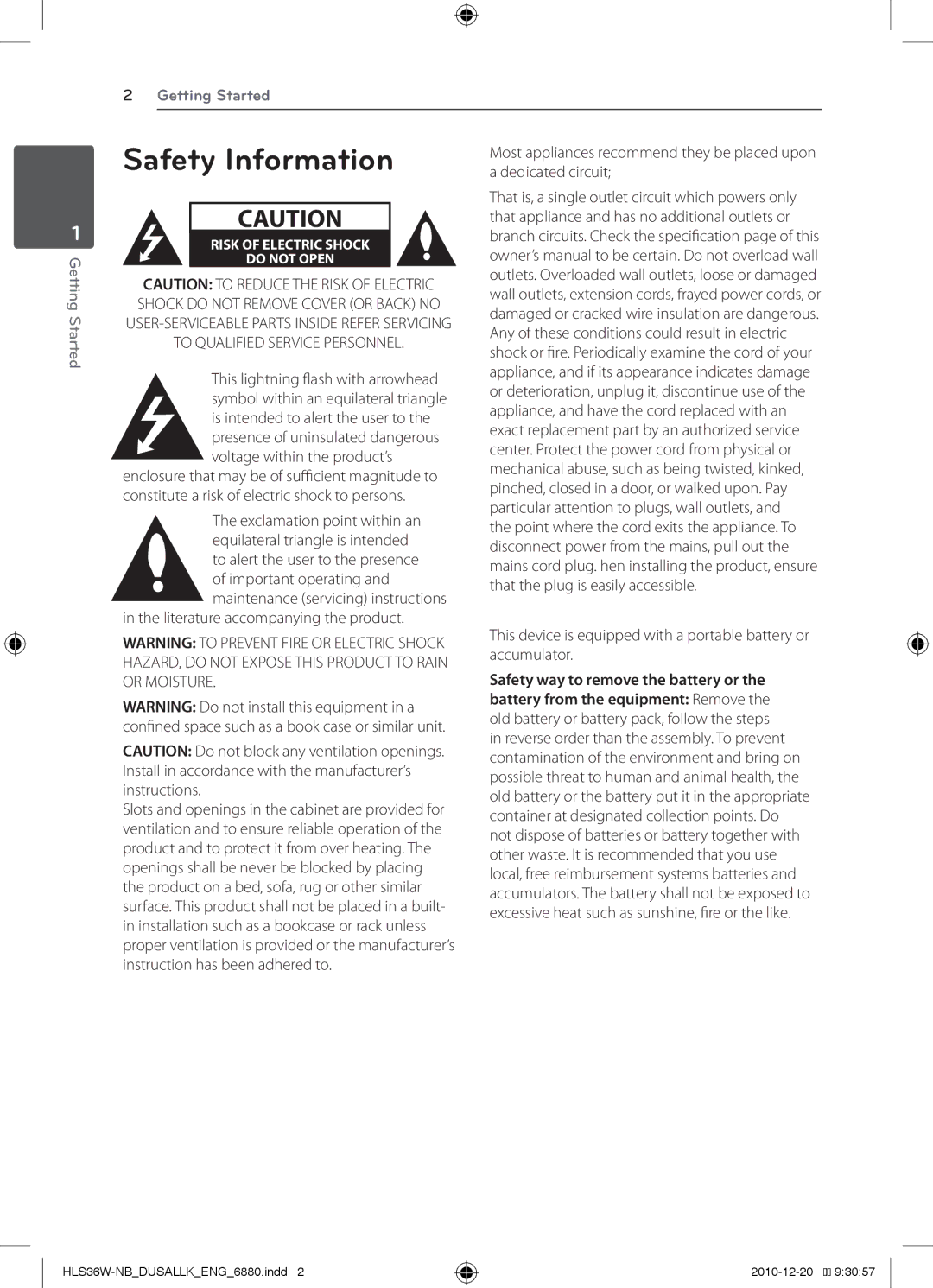 LG Electronics SHS36-D, LSB316 Safety Information, Safety way to remove the battery or, Battery from the equipment Remove 