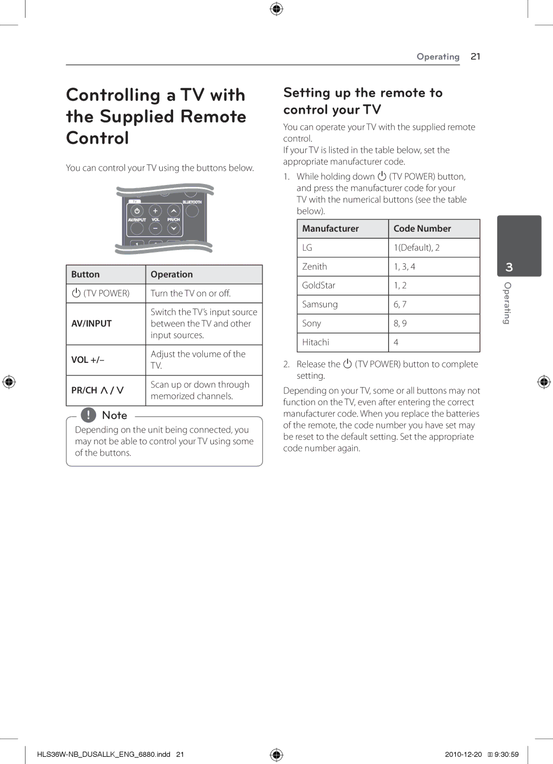 LG Electronics LSB316, SHS36-D Controlling a TV with the Supplied Remote Control, Setting up the remote to control your TV 