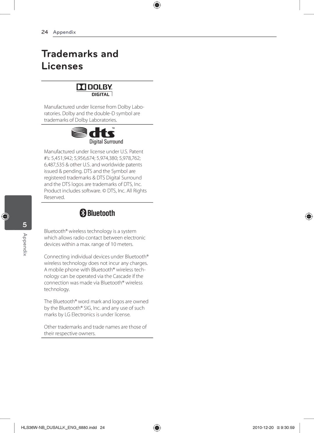 LG Electronics SHS36-D, LSB316 owner manual Trademarks and Licenses 